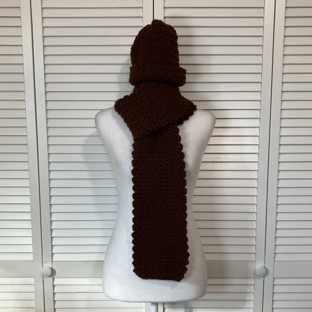 NWT Handmade Crocheted Mocha Textured Adult Matching Beanie Scarf 82”